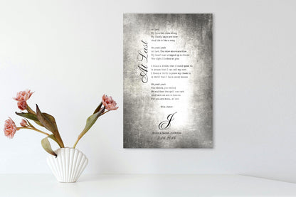 Tarnished tin song plaque with "At Last" running vertically beside the lyrics, monogram J and names, 10th anniversary tin