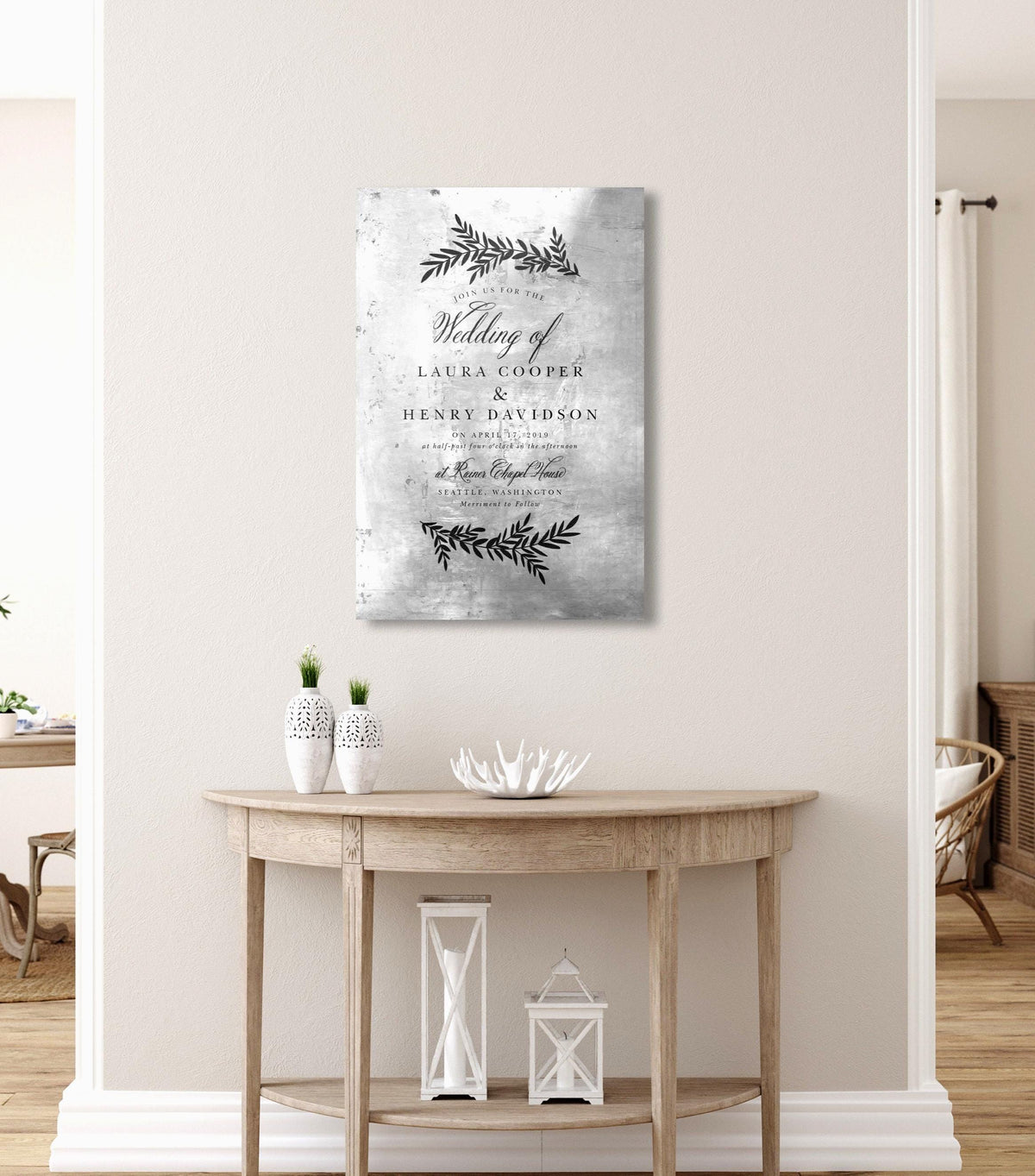 Tin Anniversary Invitation Plaque is created by transferring a wedding invitation on tin. The featured artwork is created on a tarnished tin and hangs on a wall above a table.