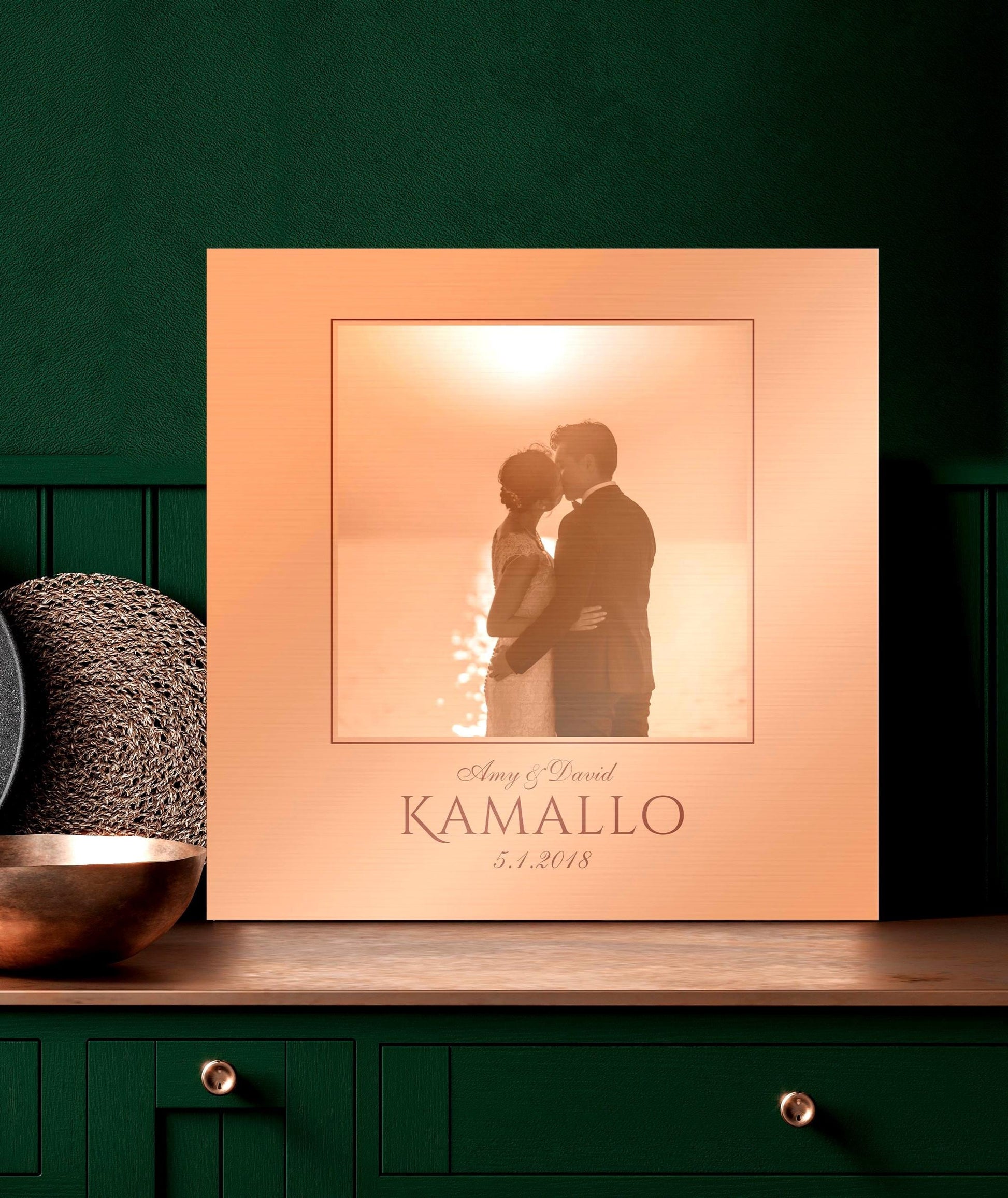 Copper Anniversary Photo Portrait Plaque has a frame around a photo of a bride and groom with their last name and wedding date before the frame.