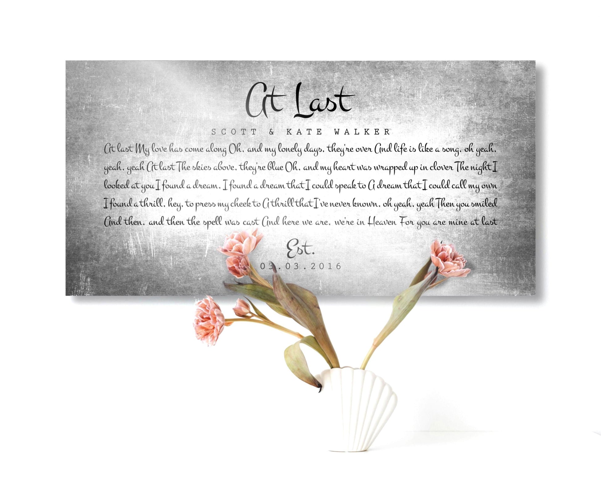 Tin 10th anniversary song plaque is tarnished with At Last inscribed at the top with custom song lyrics, the husband and wife's names and established date.
