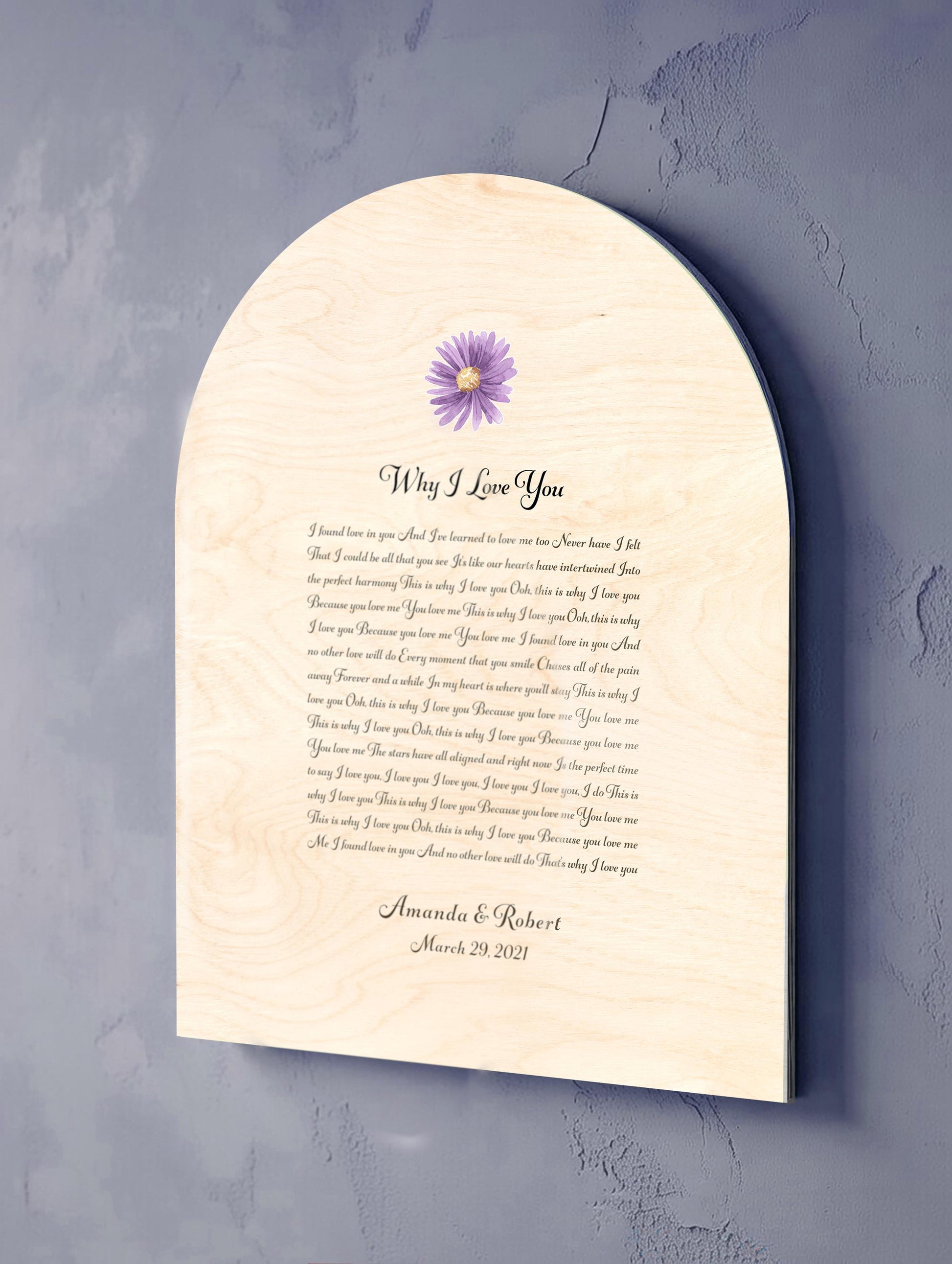 Personalized Arched Wooden Song Plaque, 5th Anniversary Daisy Plaque for Women - HoneycombProverbs - Signs - 5 year anniversary gifts