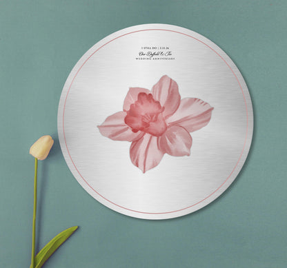 Personalized Tin Daffodil Plaque: I Still Do, shown on the wall, 10th anniversary tin