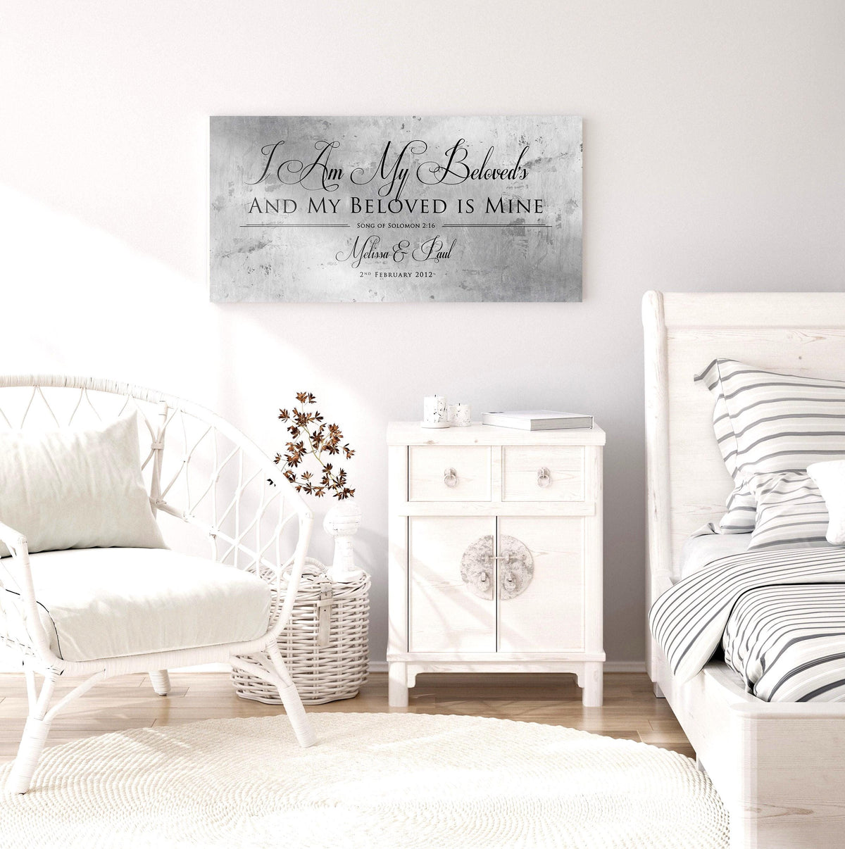 Large custom Christian wall art for couples on tarnished tin featuring a Song of Solomon verse "My beloved is Mine", two names and an established date - hangs on a bedroom wall.