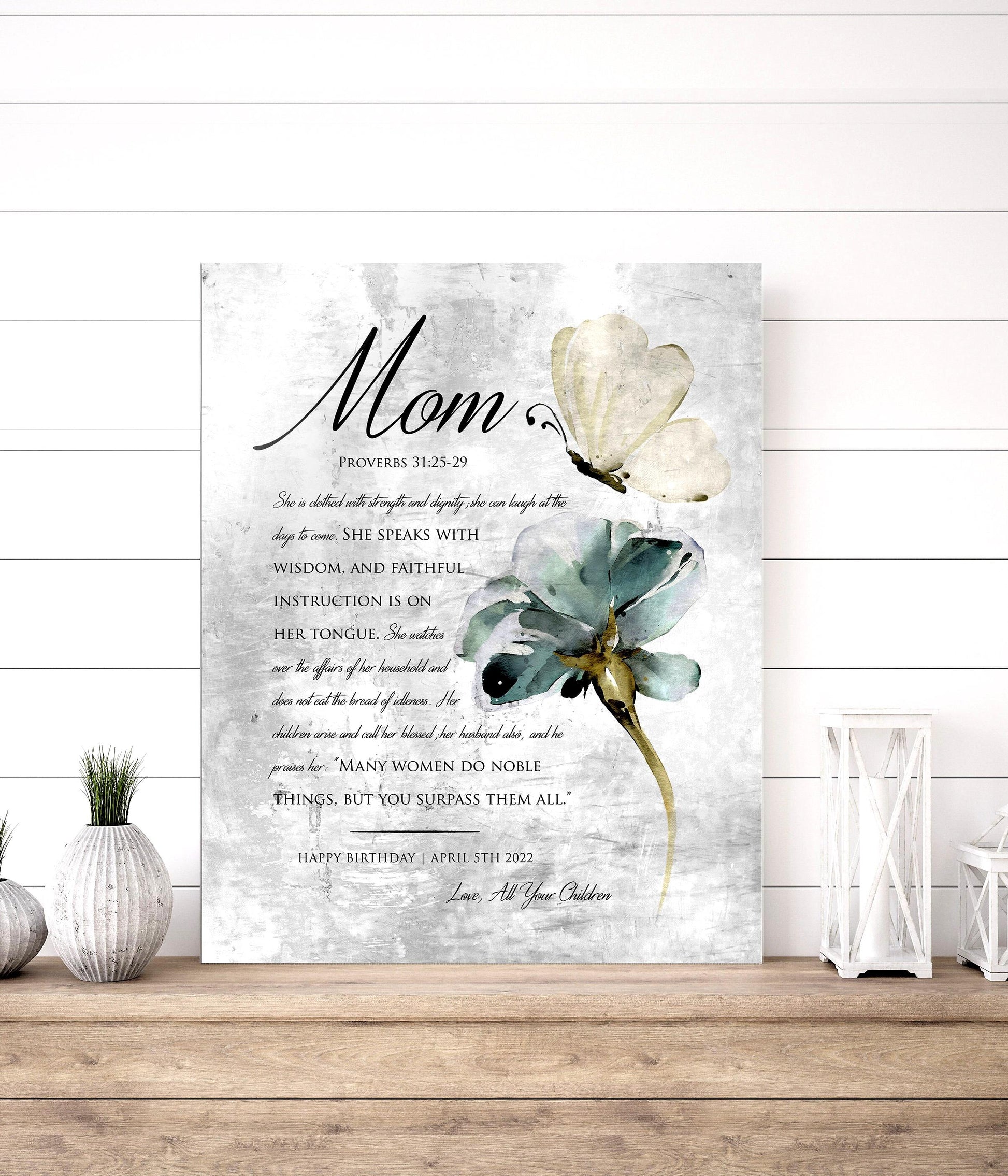 Vintage Tin, Mom Plaque, rustic distressed metal plaque for Mom with a floral and butterfly motif featuring Proverbs 31 excerpts. This elegant farmhouse decor makes a great birthday gift for mom. Personalize with a first name and short message.