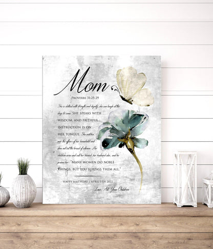 Vintage Tin, Mom Plaque, rustic distressed metal plaque for Mom with a floral and butterfly motif featuring Proverbs 31 excerpts. This elegant farmhouse decor makes a great birthday gift for mom. Personalize with a first name and short message.