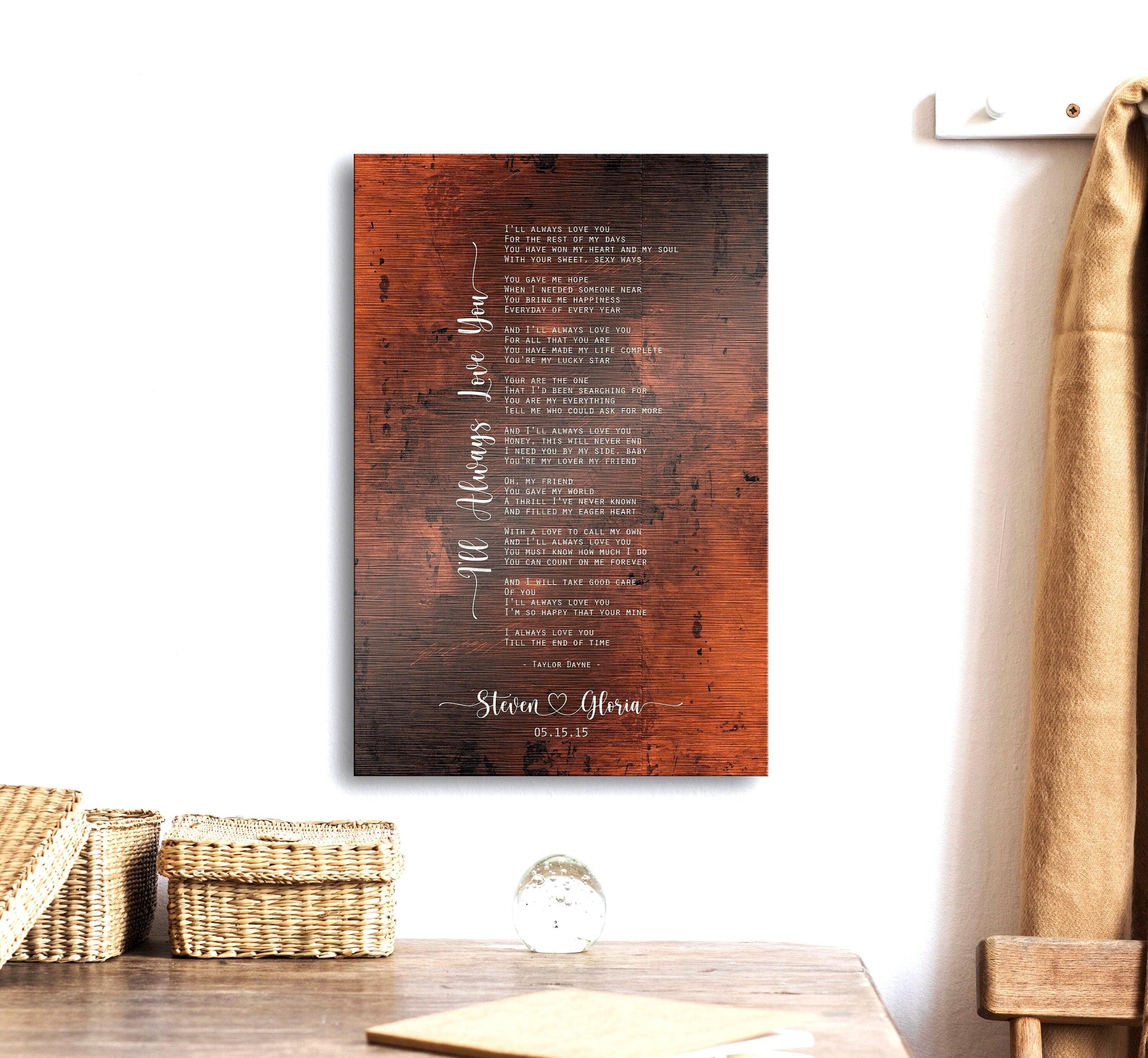 8 or 19 year Metal plaque and Bronze Anniversary Gift with First Dance Lyrics, names and wedding date