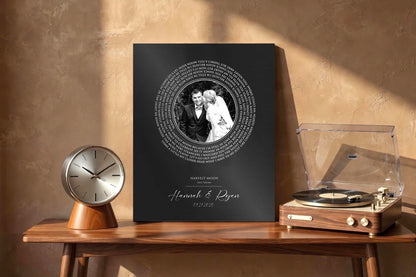 Iron photo record plaque with spiral song lyrics around a custom photo and names and date beneath, 6th anniversary iron