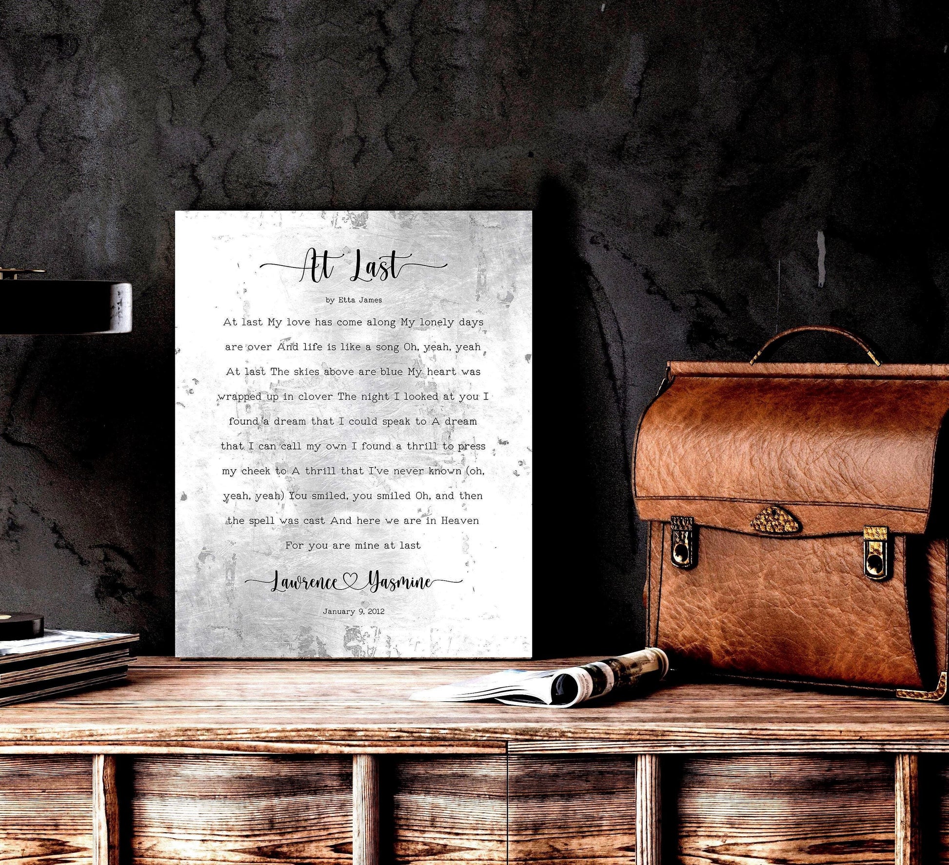 Custom Lyrics Art - vintage rustic song lyric metal sign featuring names connected by a heart and est date. Lyrics seated on a distressed metal in a silver tone with tarnishing.