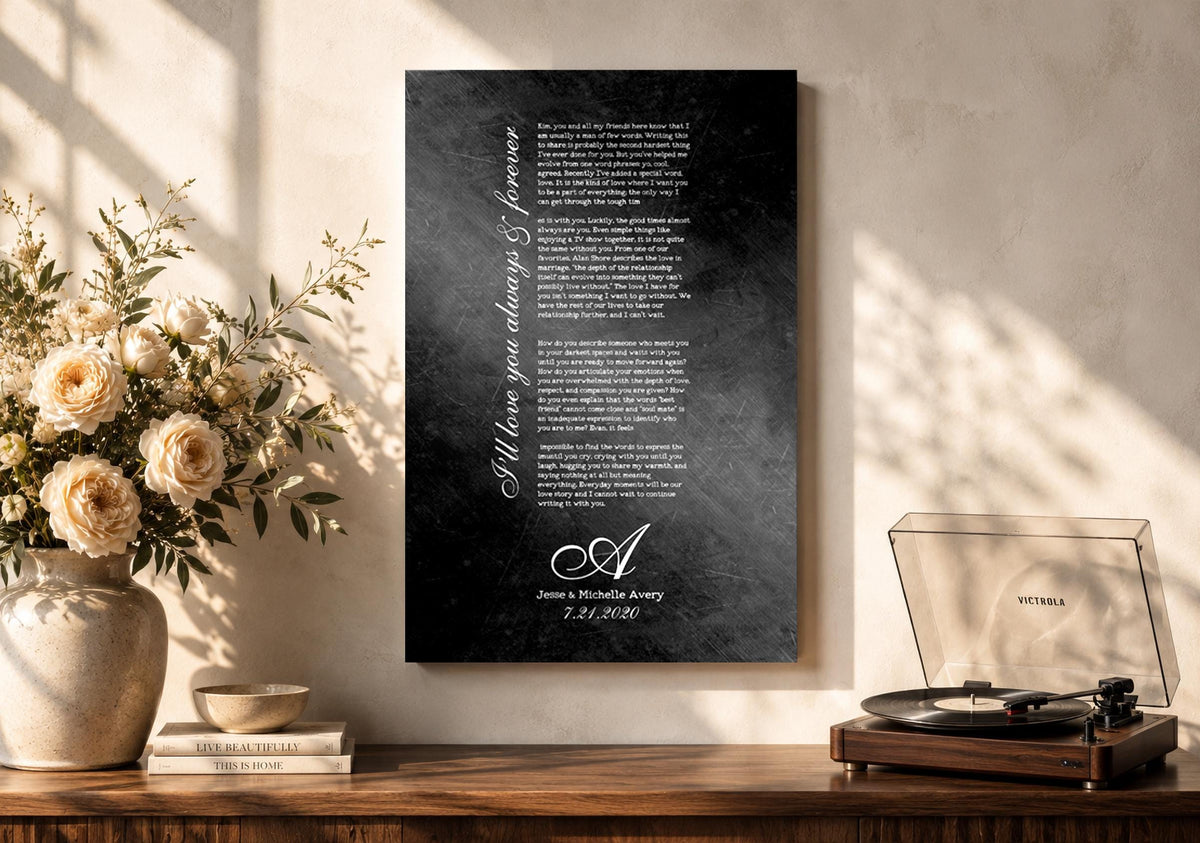 Black iron song art with silver lettering, "I'll love you always & forever," names and monogram, 6th anniversary iron
