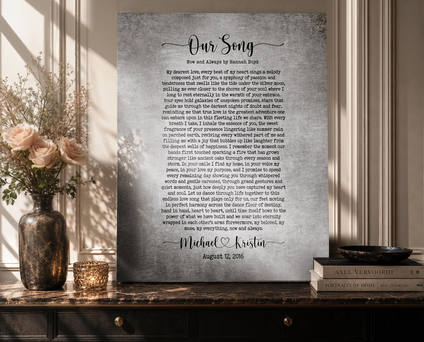 A personalized 10 year anniversary song plaque on tin and aluminum tarnished metal.