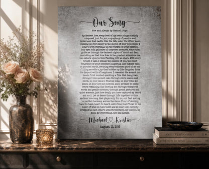 A personalized 10 year anniversary song plaque on tin and aluminum tarnished metal.