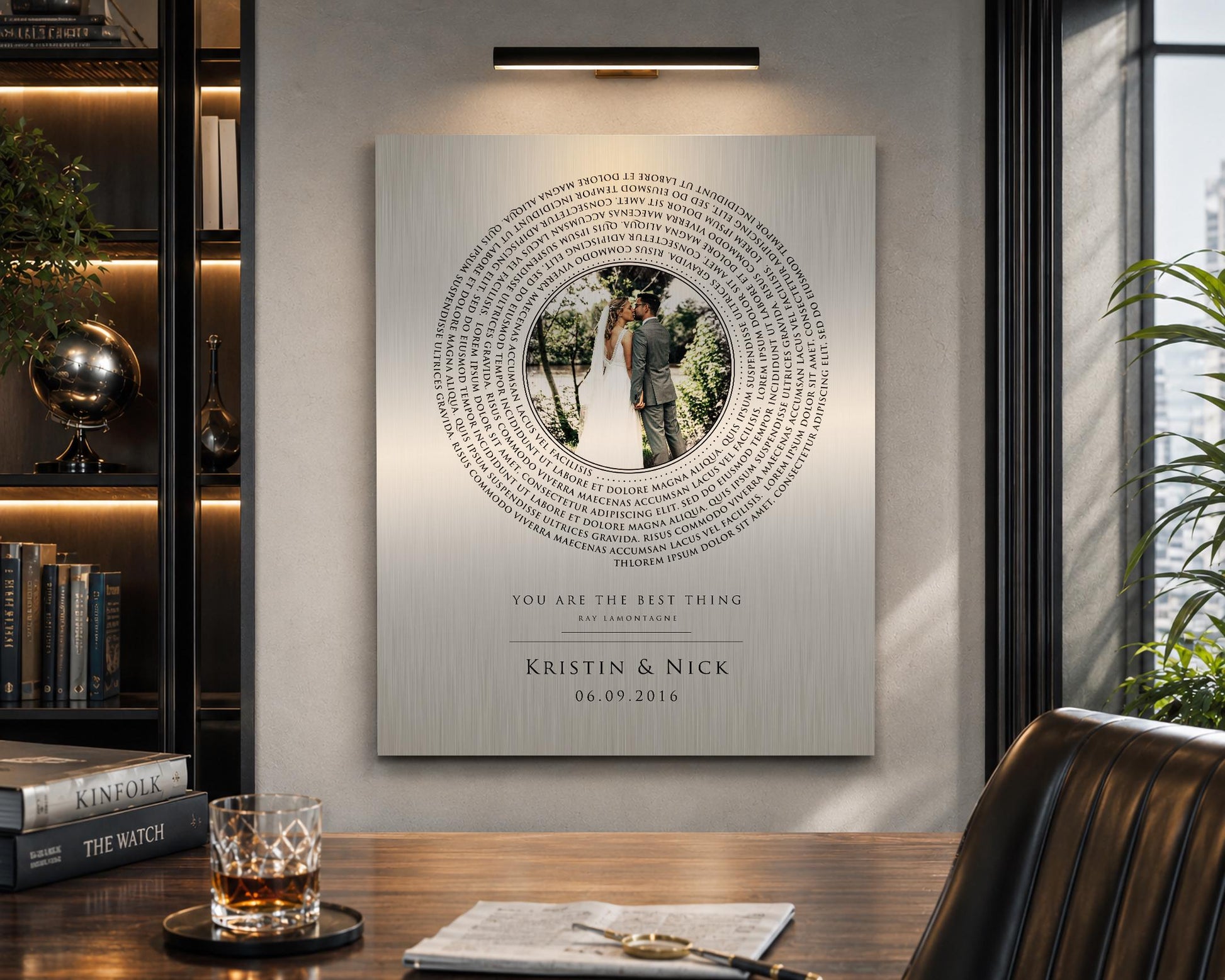 A 10 year anniversary metal art customized with a couple's photo and first dance song lyrics and designed like a vinyl record themed decor. Hangs on wall in modern and upscale office setting. Metal sign is personalized with the names and wedding date of the couple.