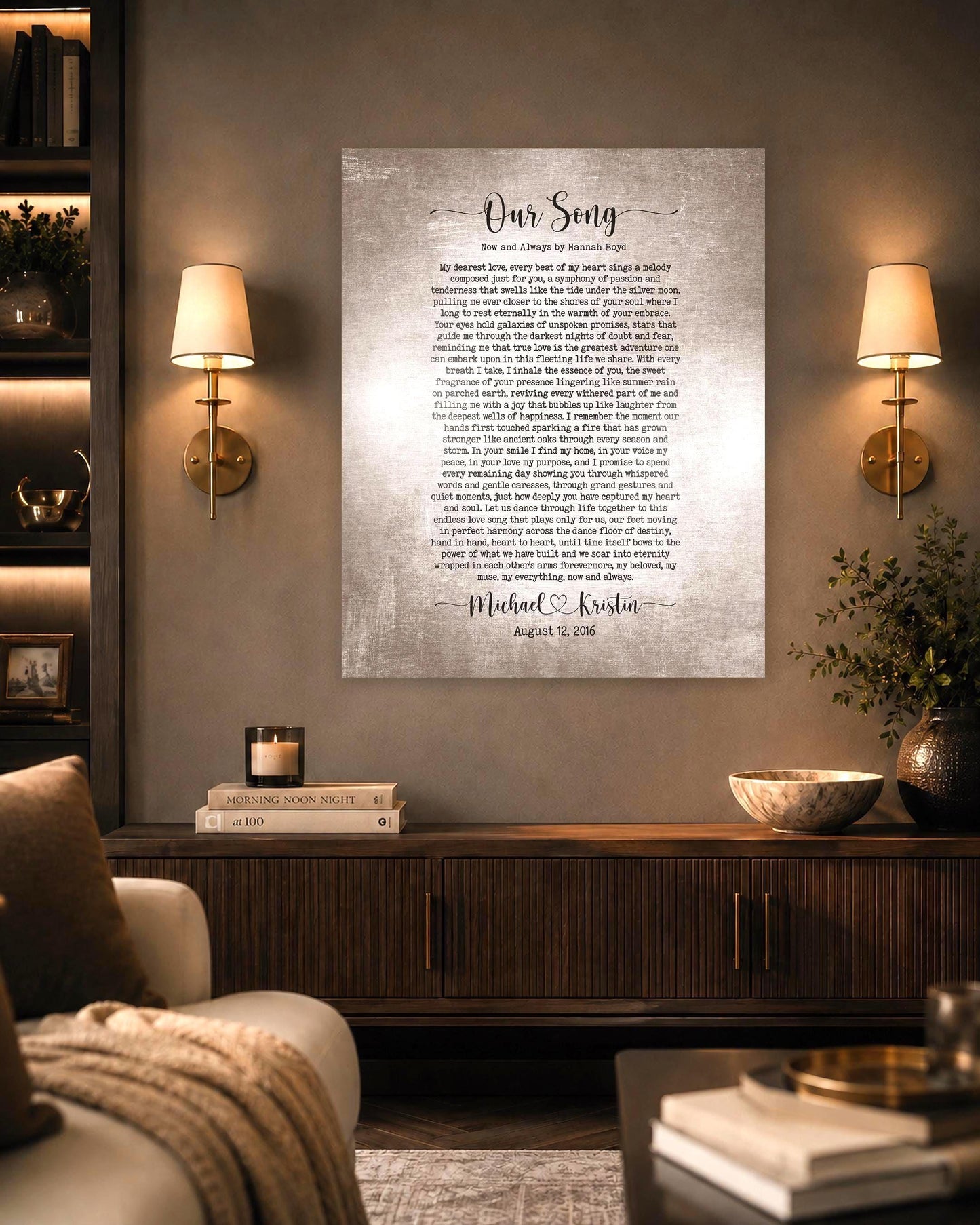 Romantic song decor on tin as 10 year anniversary keepsake art, with custom song lyrics. It hangs on wall between wall sconces above a bureau in a warm and refined living room setting.