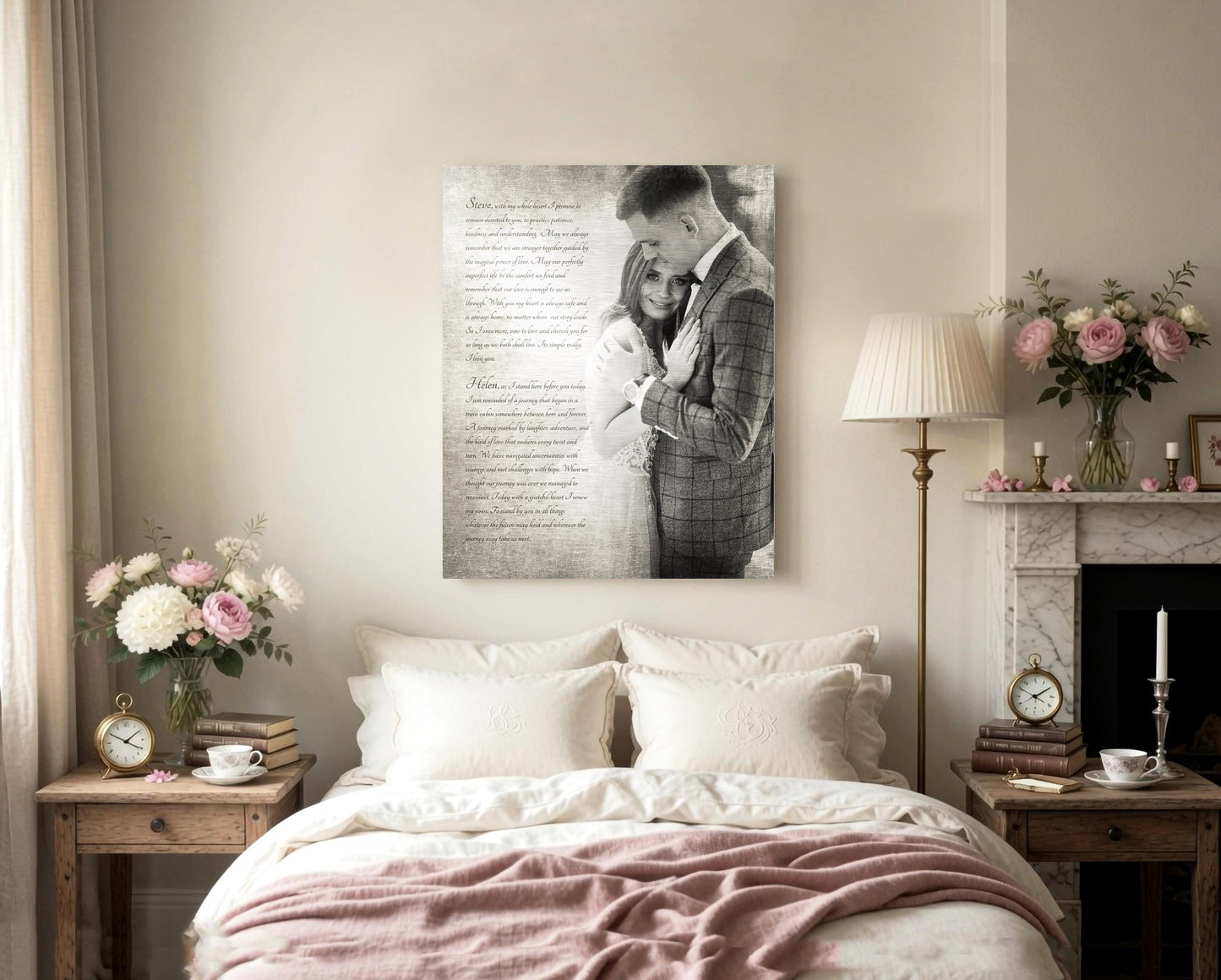 Large 10 year tin anniversary tarnished metal photo portrait with vintage tones hangs on wall above a bed. The photo is a wedding portrait and includes wedding vows as custom wording.
