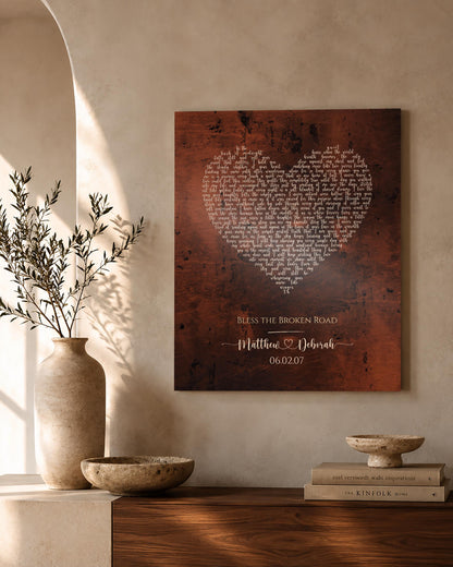 Heart Shaped Bronze Song Lyric Sign, alternate angle, 8th anniversary bronze