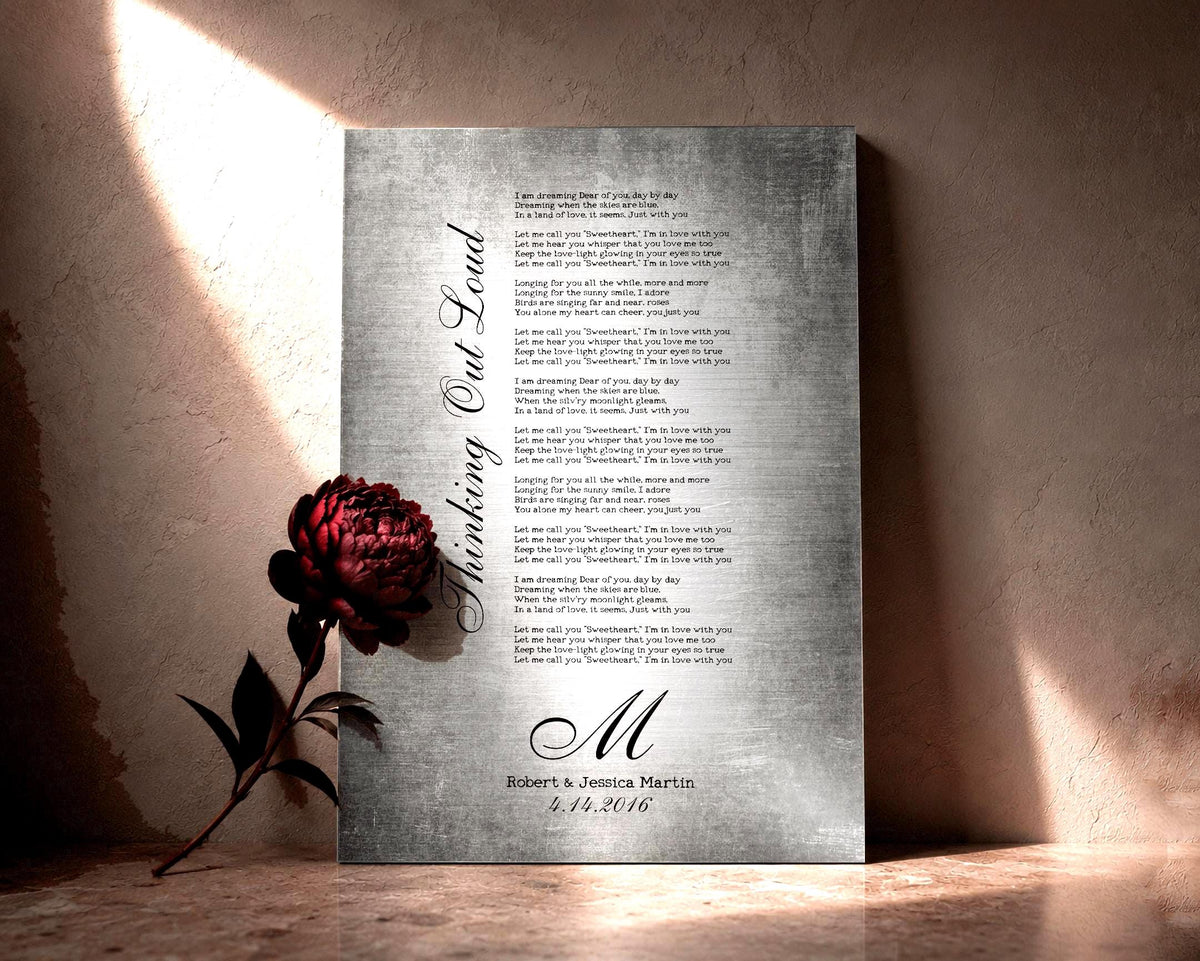 Personalized 10th anniversary tin song sign with names, initial and established date, a peony leaning against it