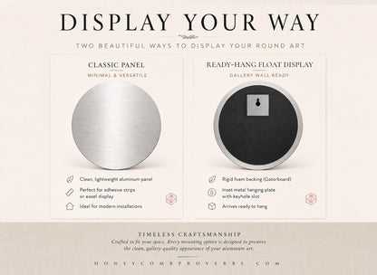 Display options for the round tin song lyrics record: classic panel or ready to hang