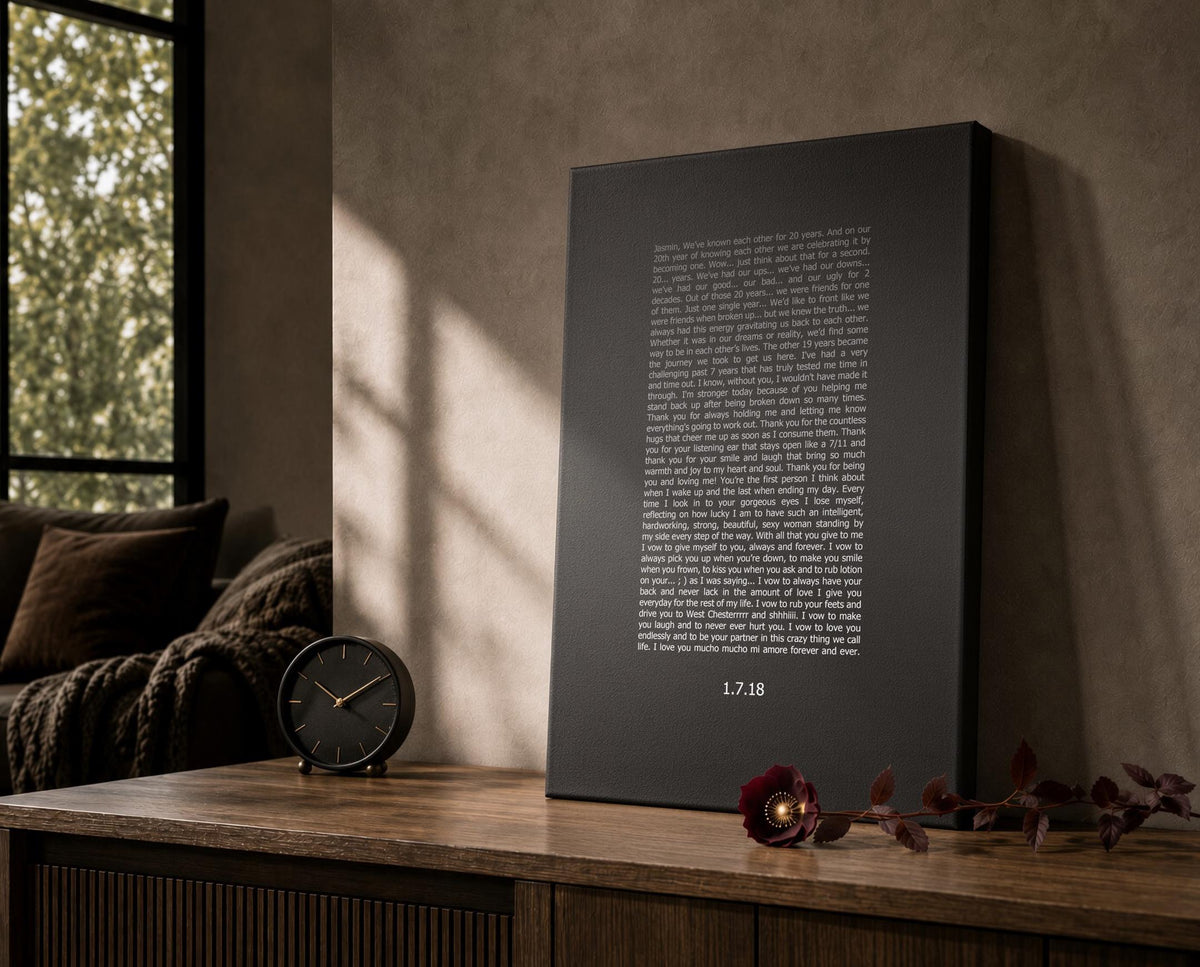 Contemporary Wedding Vow Art, shown on the wall, paper or canvas anniversary