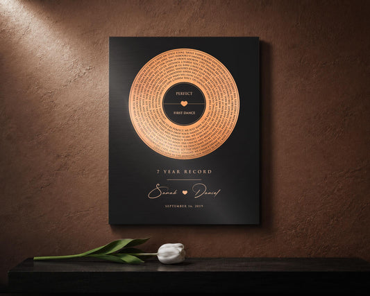 Copper anniversary gift is mounted against copper toned wall and is a black metal wall plaque or sign which is a 7 year anniversary song record, personalized with the names and wedding date of a couple celebrating their 7th wedding anniversary, and the song lyrics from their first dance circling around the tarnished copper record motif.