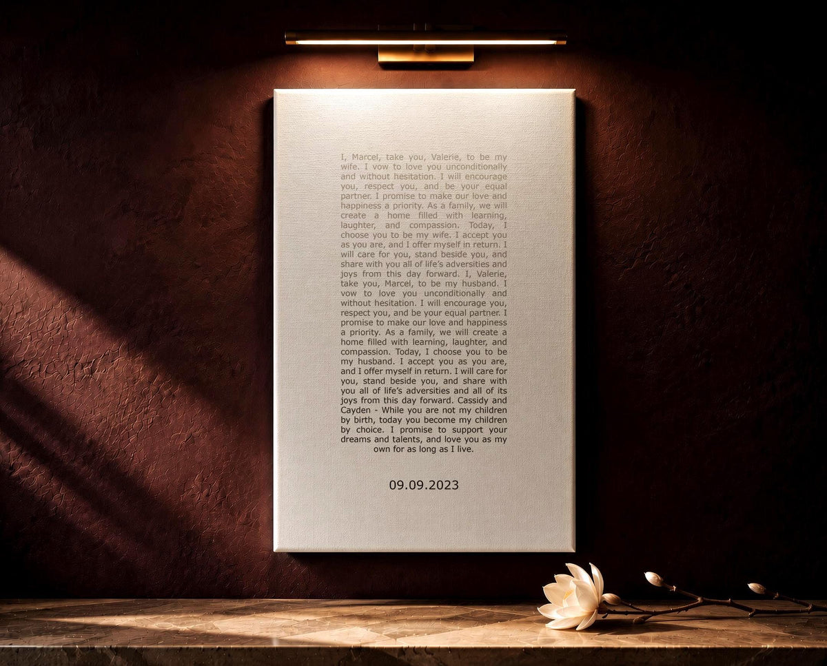 Contemporary Wedding Vow Art, size and option view, paper or canvas anniversary