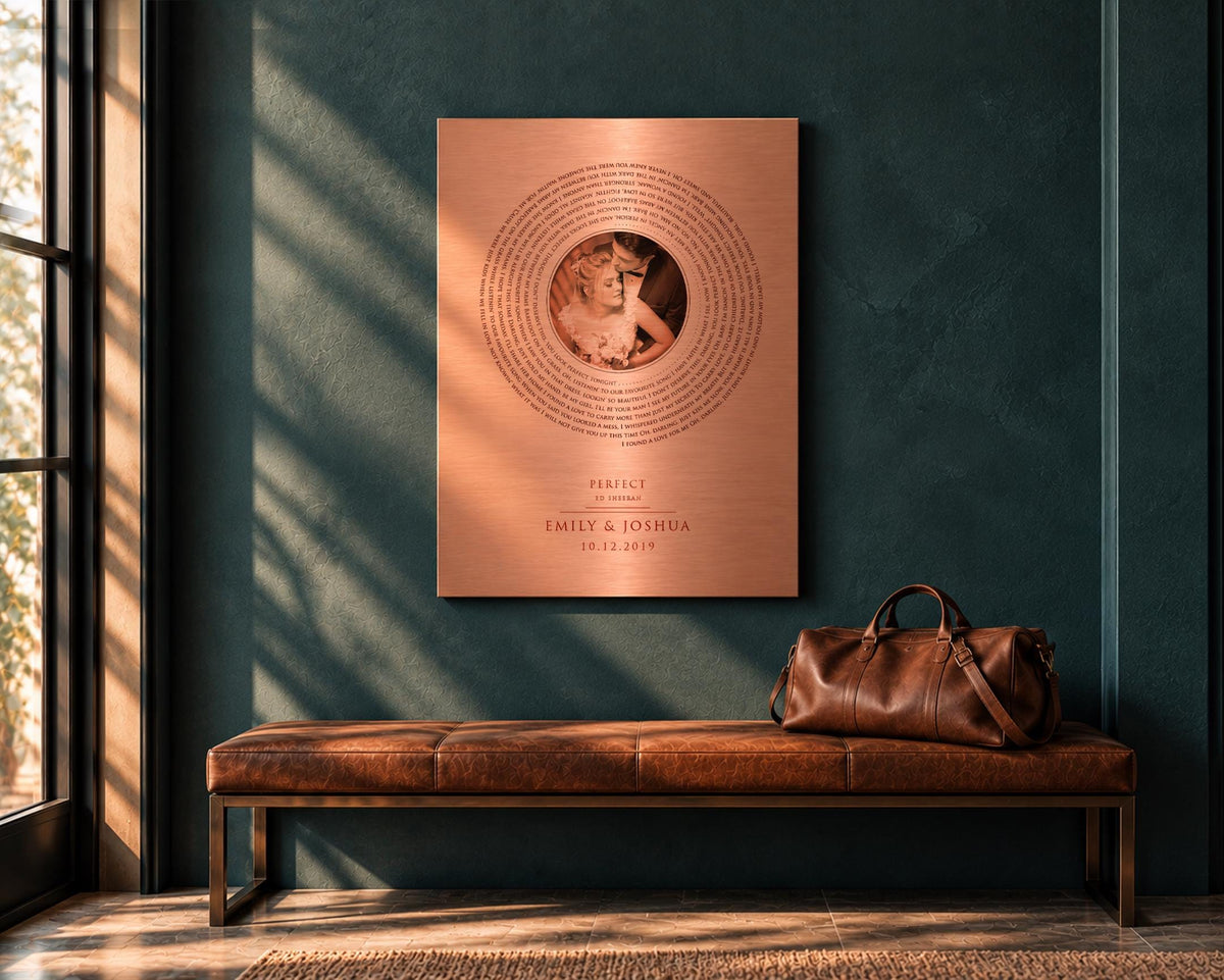 Personalized Vinyl Record art with Photo in Copper, close-up detail, 7th anniversary copper