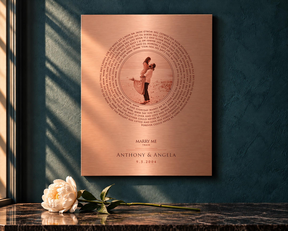 Personalized Vinyl Record art with Photo in Copper, room view, 7th anniversary copper