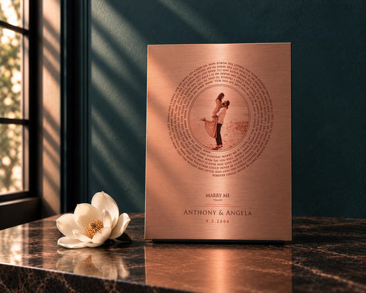 Personalized Vinyl Record art with Photo in Copper, 7th anniversary copper song lyric record art by Honeycomb Proverbs