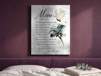 Christian metal wall art with proverbs 31 virtuous woman, scripture and sentiment. Personalized and mounted on the wall above a bed so it is the first thing she sees when she wakes up.