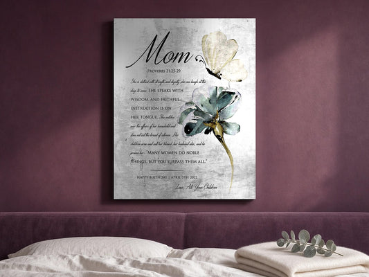 Christian metal wall art with proverbs 31 virtuous woman, scripture and sentiment. Personalized and mounted on the wall above a bed so it is the first thing she sees when she wakes up.