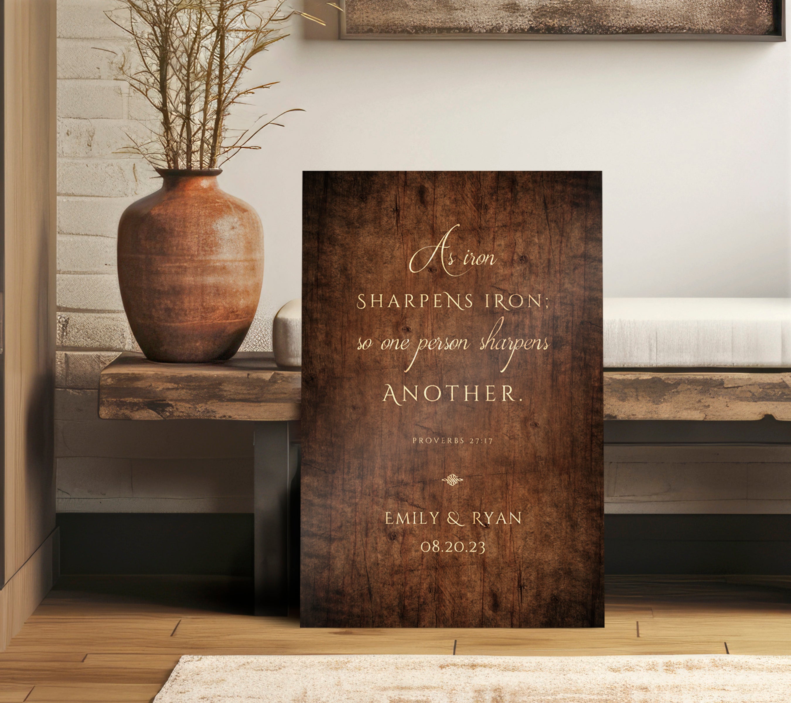 Decorative personalized iron sharpens iron bible verse wall art with motivational quote in a home setting