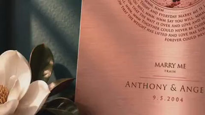 Personalized Vinyl Record art with Photo in Copper, shown on the wall, 7th anniversary copper