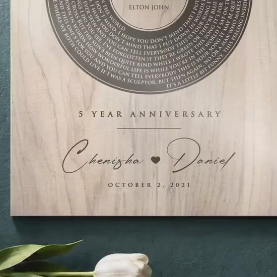 Personalized 5th Anniversary Wood Record: Song Lyrics, Names & Date