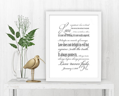 Personalized 1 Corinthians 13 Decor - Fine art and canvas personalized anniversary and inspirational gifts