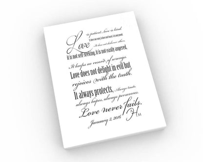 Personalized 1 Corinthians 13 Decor - Fine art and canvas personalized anniversary and inspirational gifts