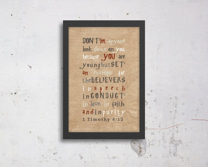 1 Timothy 4 12, Harry, customize, Scripture, kids, for, wall, art, gift, Bible verse, prints, Scriptures, canvas, Framed, gifts, Christmas