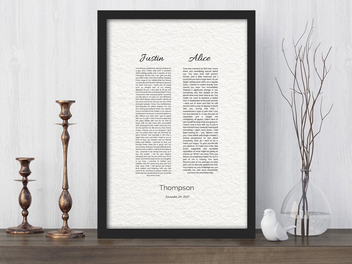 Wedding Photo Print with Vows, Pencil top Sketch with Lyrics, Anniversary Framed Fine Art Print With Vows, Unique Christmas Gift