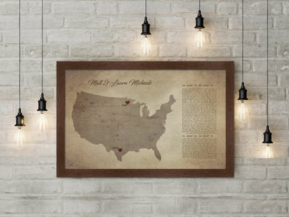 Long distance, map on canvas, Christmas, custom, coordinates, wedding vows,  print, husband, wife, anniversary gift, Military, Gifts, Spouse
