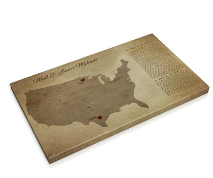 Long distance, map on canvas, Christmas, custom, coordinates, wedding vows,  print, husband, wife, anniversary gift, Military, Gifts, Spouse