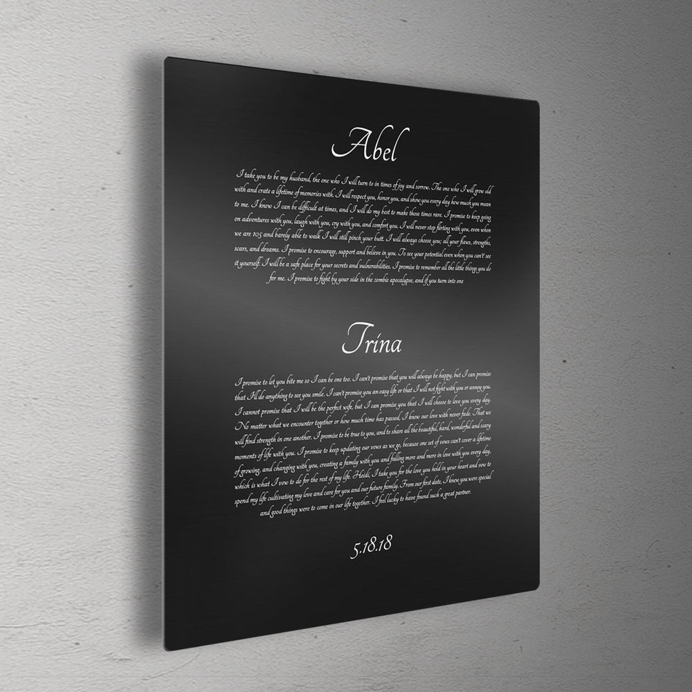 
                  
                    Wedding Vows Printed on Metal, Modern, Anniversary, Wedding, 10th, gift, for husband, for wife, Aluminum, Panel, His and Hers, Vow, Tin
                  
                