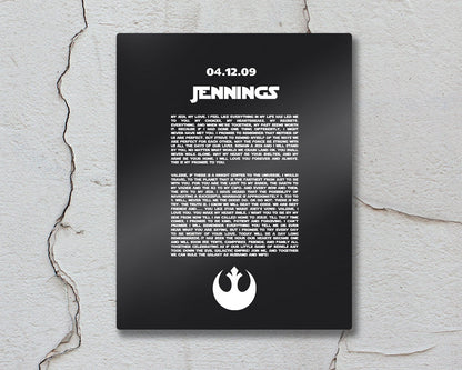 Custom Metal Print, Rebel Alliance, Gift for him, Metal Bedroom Wall Decor, Custom Metal Sign,  anniversary, Wedding Vows on Metal