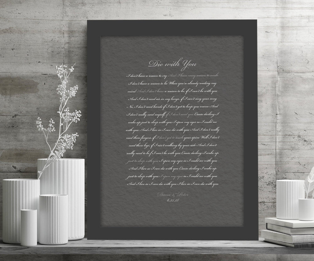 Framed Wedding Song, Die With You, Bride and Groom First Dance, Gift for Bride from Groom, Romantic Bedroom Decor, Paper gift for husband