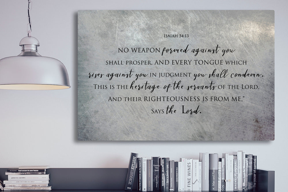 Isaiah 54:17, On Metal, No weapon forged against you shall prosper, Tin Gift, Christian, Scripture Print, Religious Wall Decor, Masculine