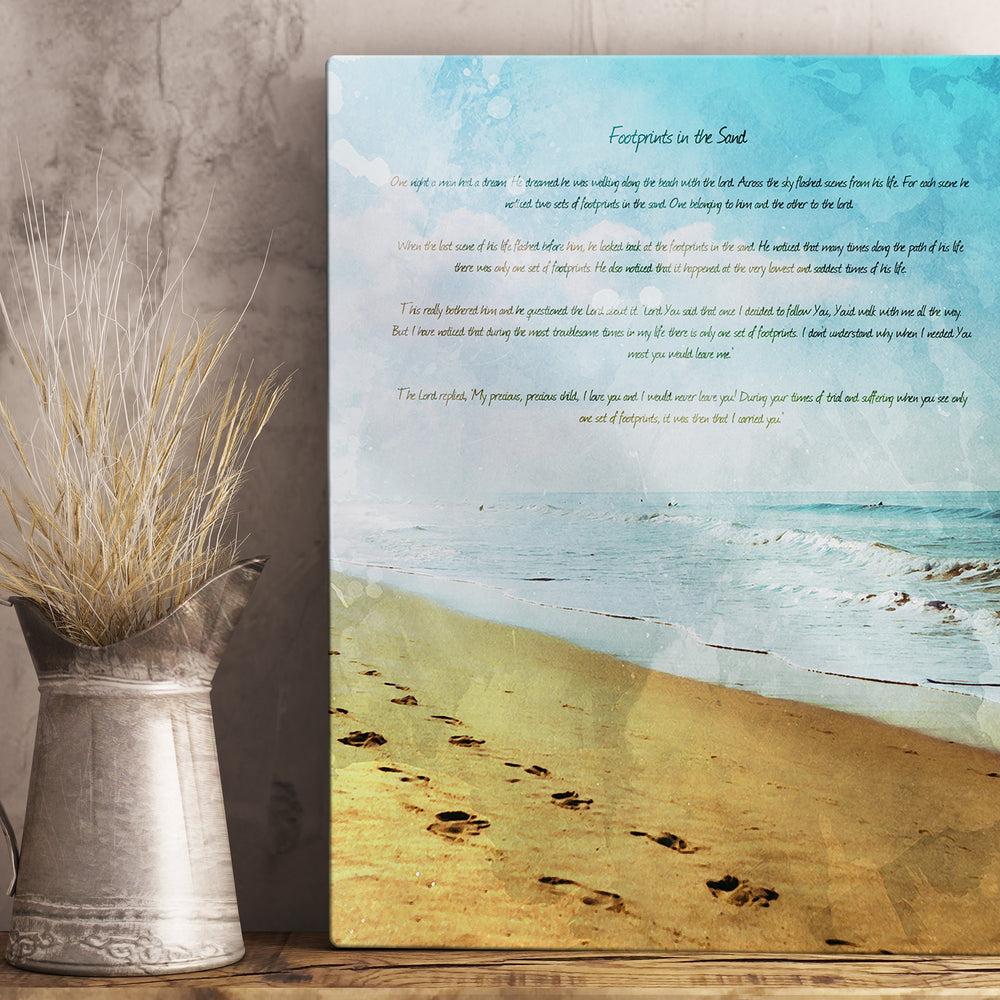 
                  
                    Footprints in the Sand, Distressed Watercolor Art, Metal Print, Footprints, Poem, Gift for her, Tenth Anniversary, Christian Beach Decor
                  
                