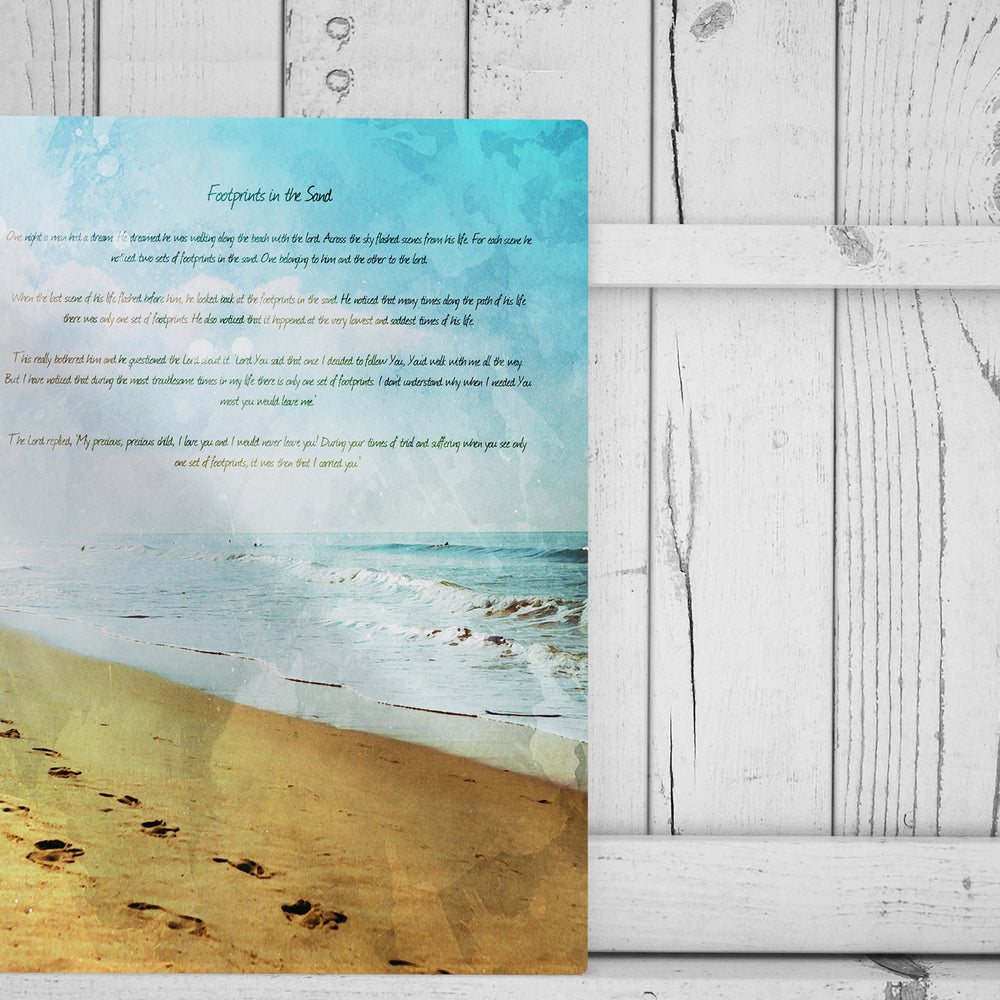 
                  
                    Footprints in the Sand, Distressed Watercolor Art, Metal Print, Footprints, Poem, Gift for her, Tenth Anniversary, Christian Beach Decor
                  
                