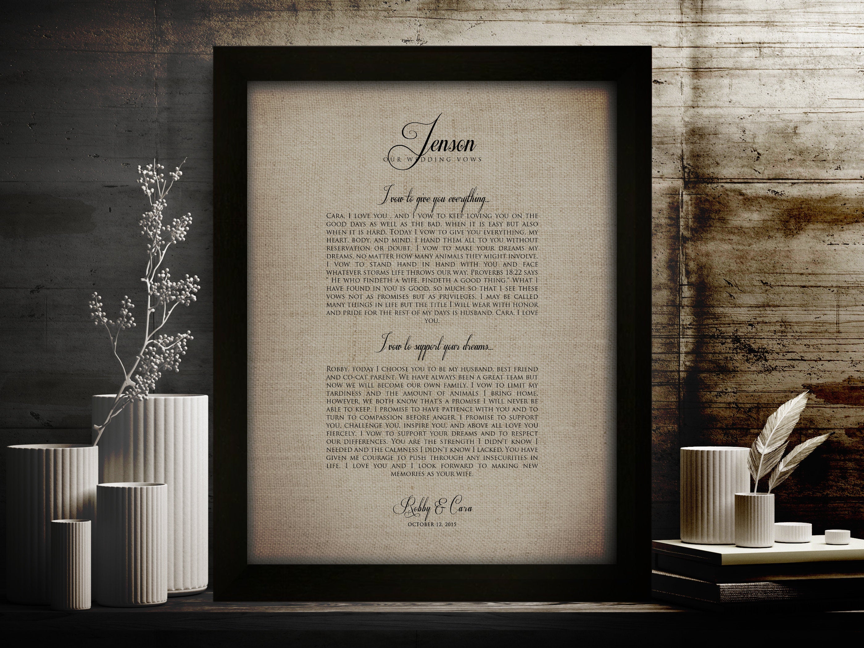 Our Vows on Linen, Framed Linen Anniversary Gift – Honeycomb Proverbs