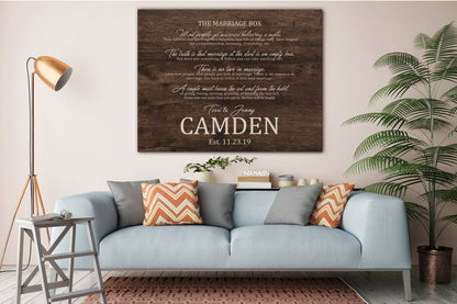 Marriage box poem on wood-look canvas for couples
