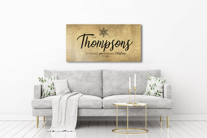 Rustic, Merry Christmas Sign, Last Name Sign, Snowflake Sign, Gold Christmas decor, Personalized Sign, Establsihed Sign, Large holiday art