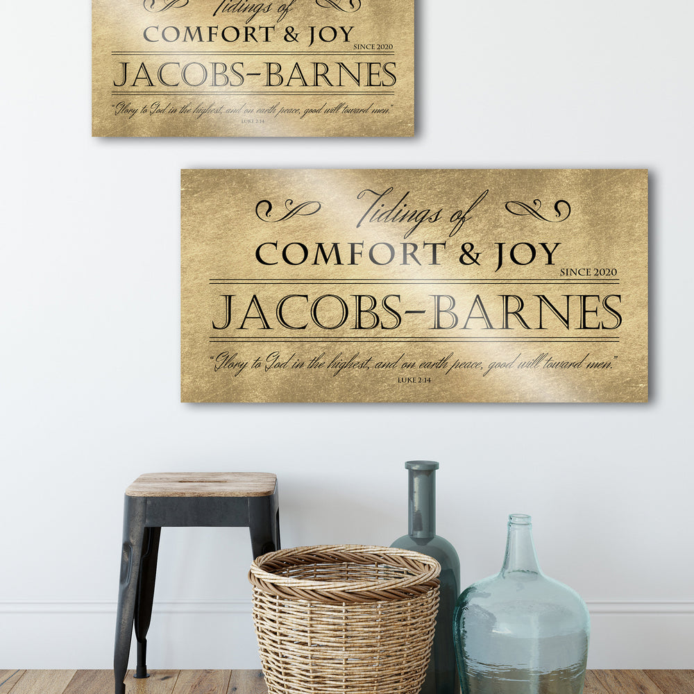 Comfort and Joy, Rustic Holiday Sign, Christmas Sign, Luke 2:14, Personalized Holiday Sign, Sign, Name Sign,  Gold Christmas decor, Gfit