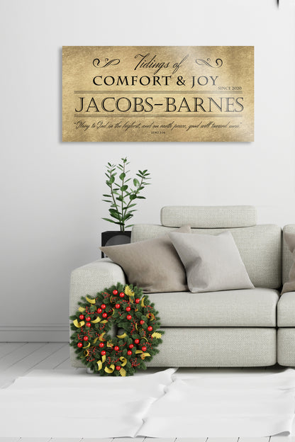 Comfort and Joy, Rustic Holiday Sign, Christmas Sign, Luke 2:14, Personalized Holiday Sign, Sign, Name Sign,  Gold Christmas decor, Gfit
