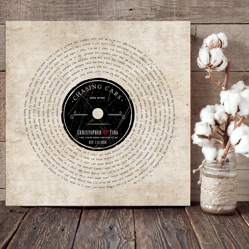 2 Years Down Rustic Cotton Canvas, 2nd Anniversary Gift on Cotton, Personalized Cotton Vinyl Record Art, Cotton Anniversary Gift for Husband